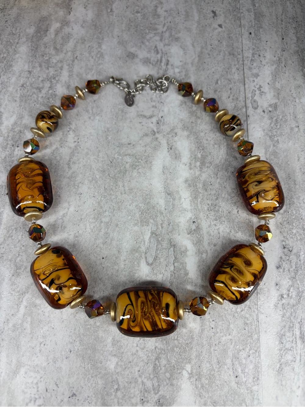Art Glass Necklace Amber Brown Color Silver Tone Jewelry Chunky Statement